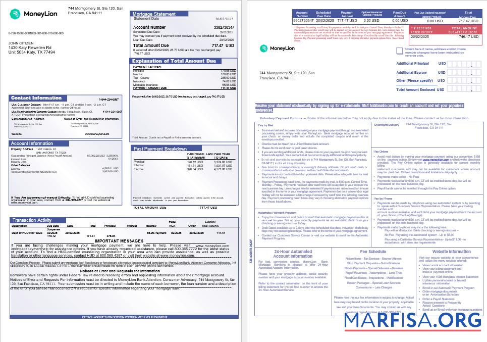 Realistic USA California MoneyLion bank mortgage statement in Word and PDF formats, 3 pages 1 2 real example